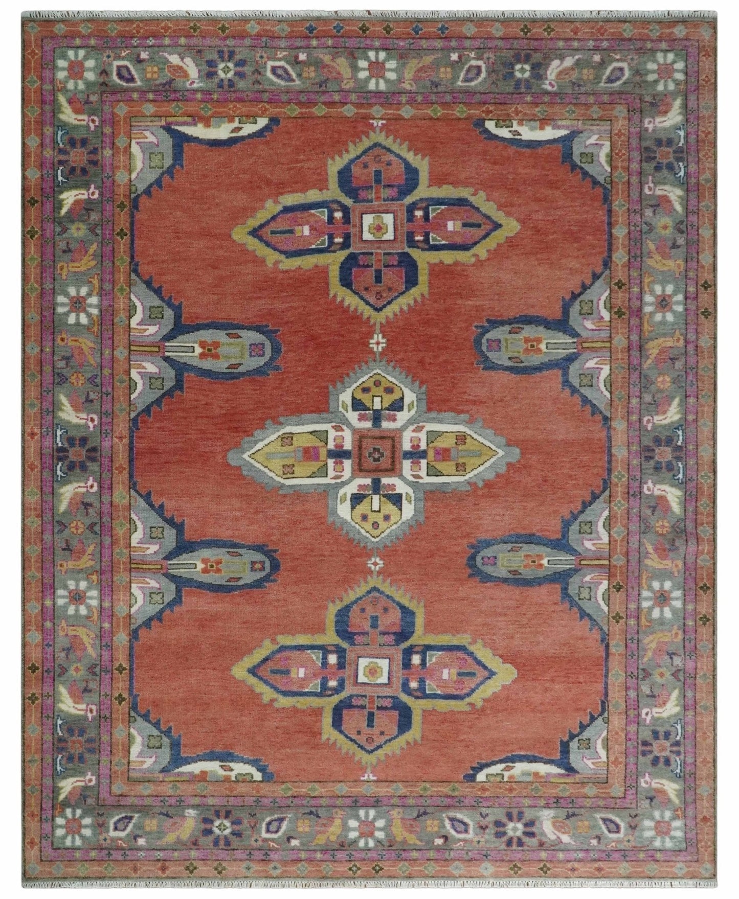Custom Made Hand Knotted Dark Peach and Silver Traditional Wool Rug