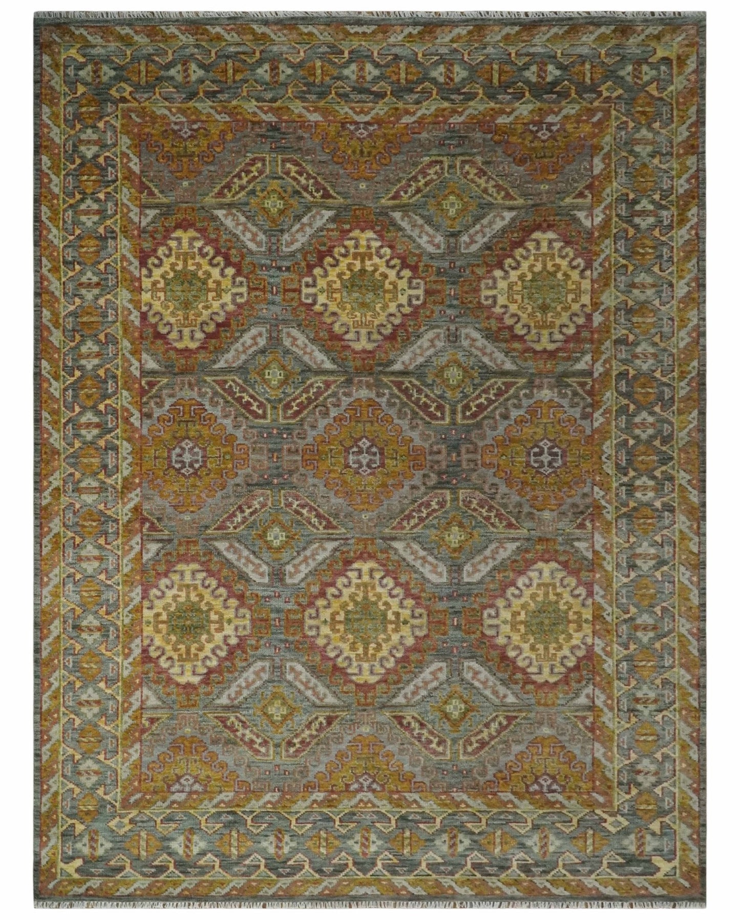Custom Made Hand Knotted Gold and Gray Multi Size Oriental Traditional Wool Area Rug