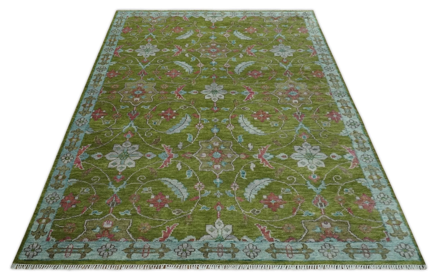 Custom Made Hand Knotted Green, Silver and Maroon Traditional Wool Area Rug