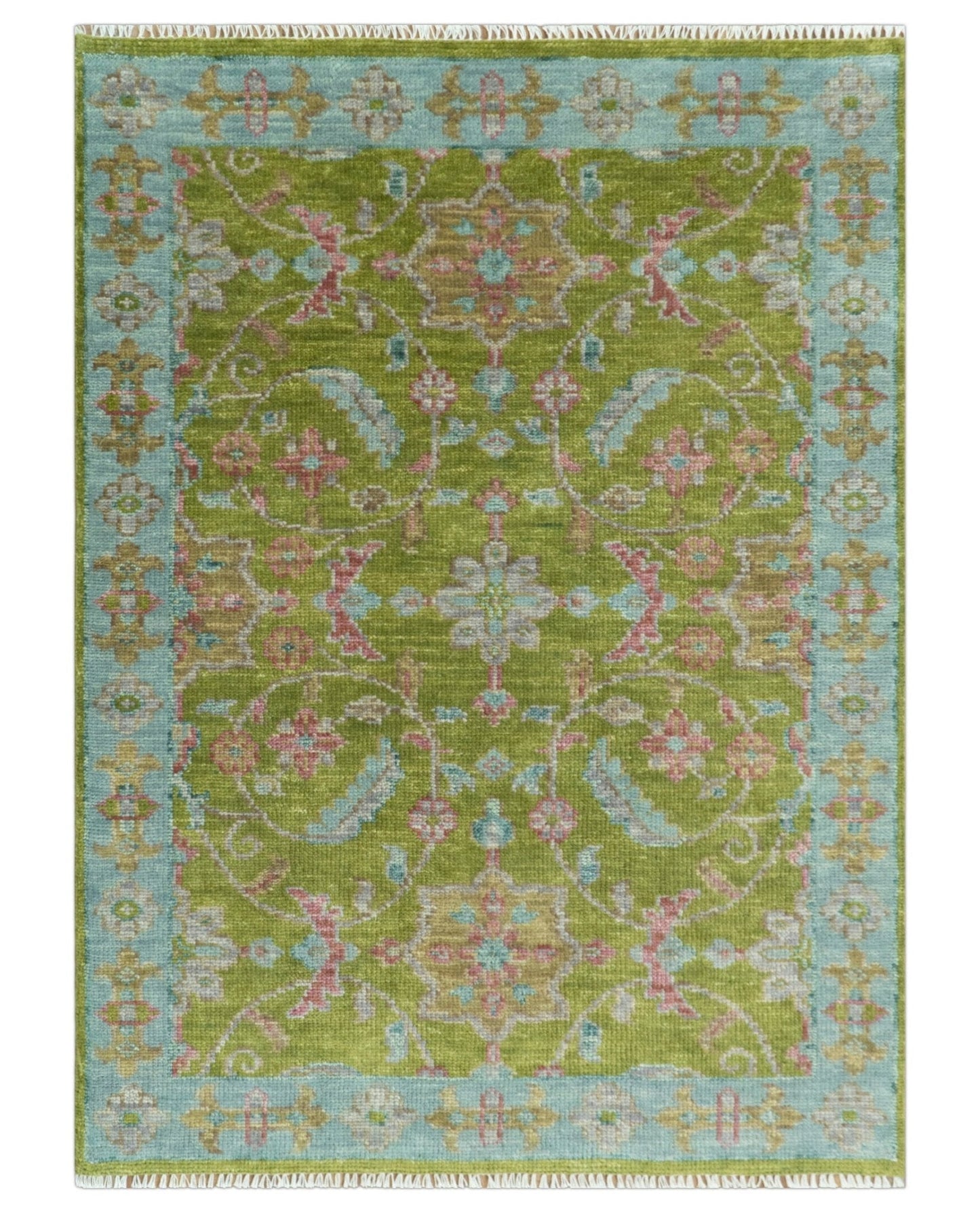 Custom Made Hand Knotted Green, Silver and Maroon Traditional Wool Area Rug
