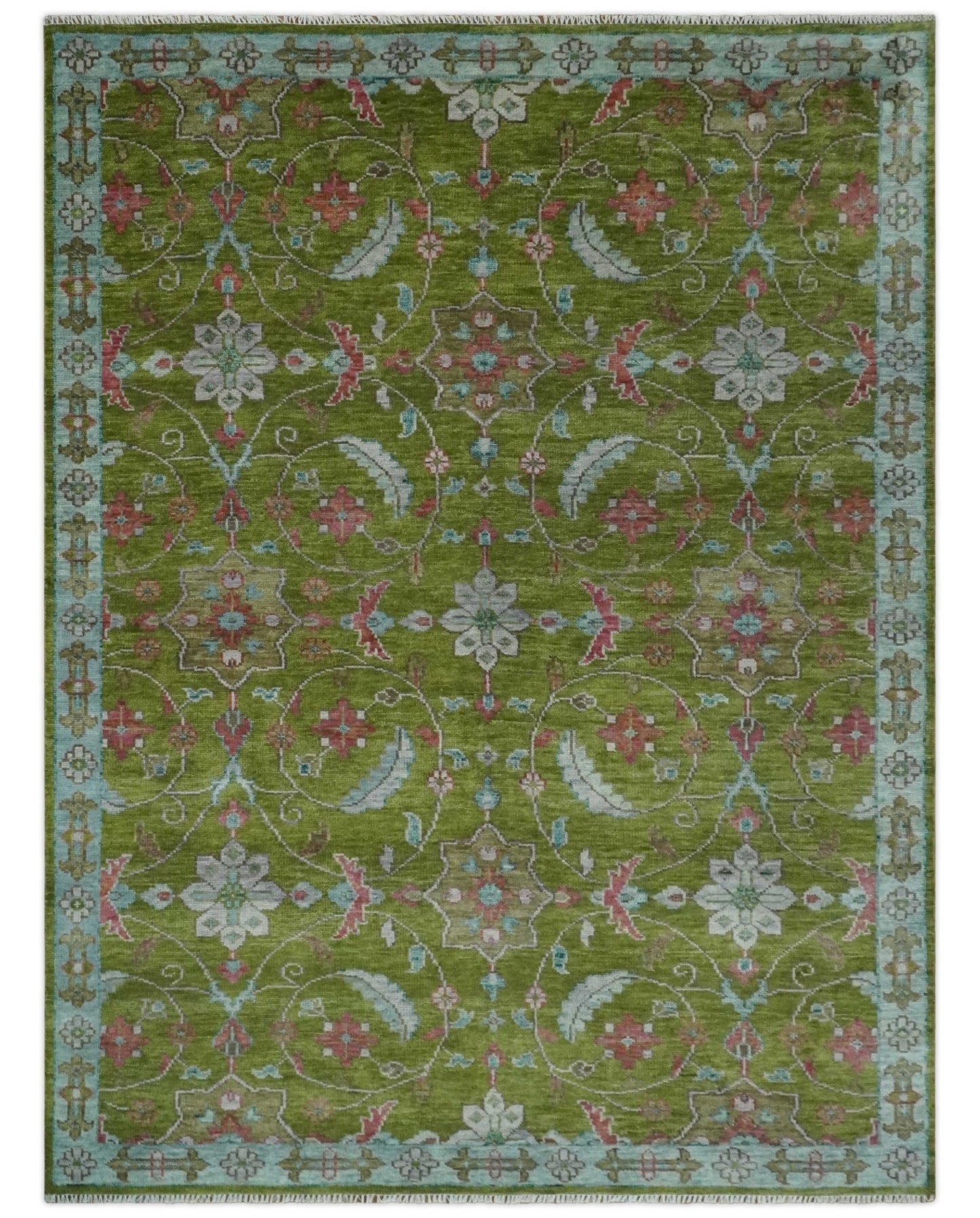 Custom Made Hand Knotted Green, Silver and Maroon Traditional Wool Area Rug