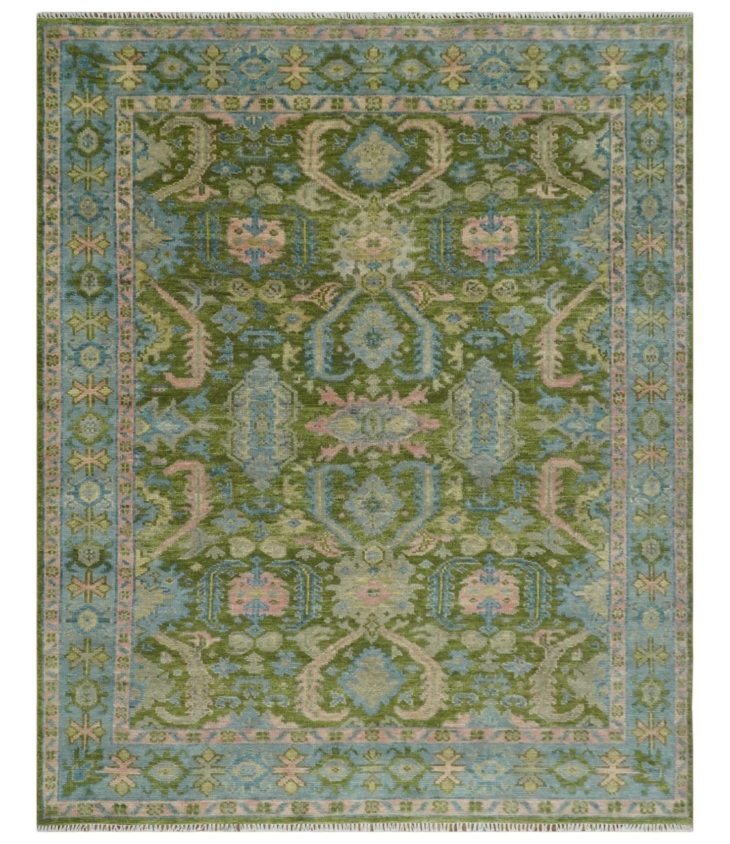 Custom Made Hand Knotted Green, Silver and Peach Traditional Oushak Wool Area Rug