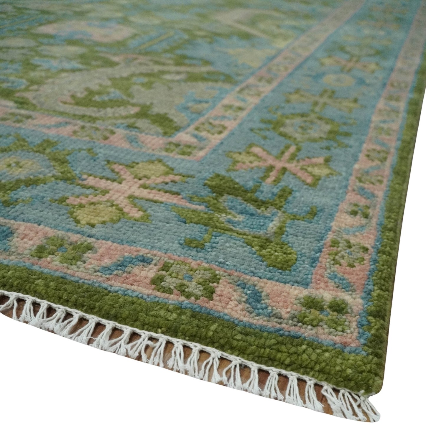 Custom Made Hand Knotted Green, Silver and Peach Traditional Oushak Wool Area Rug