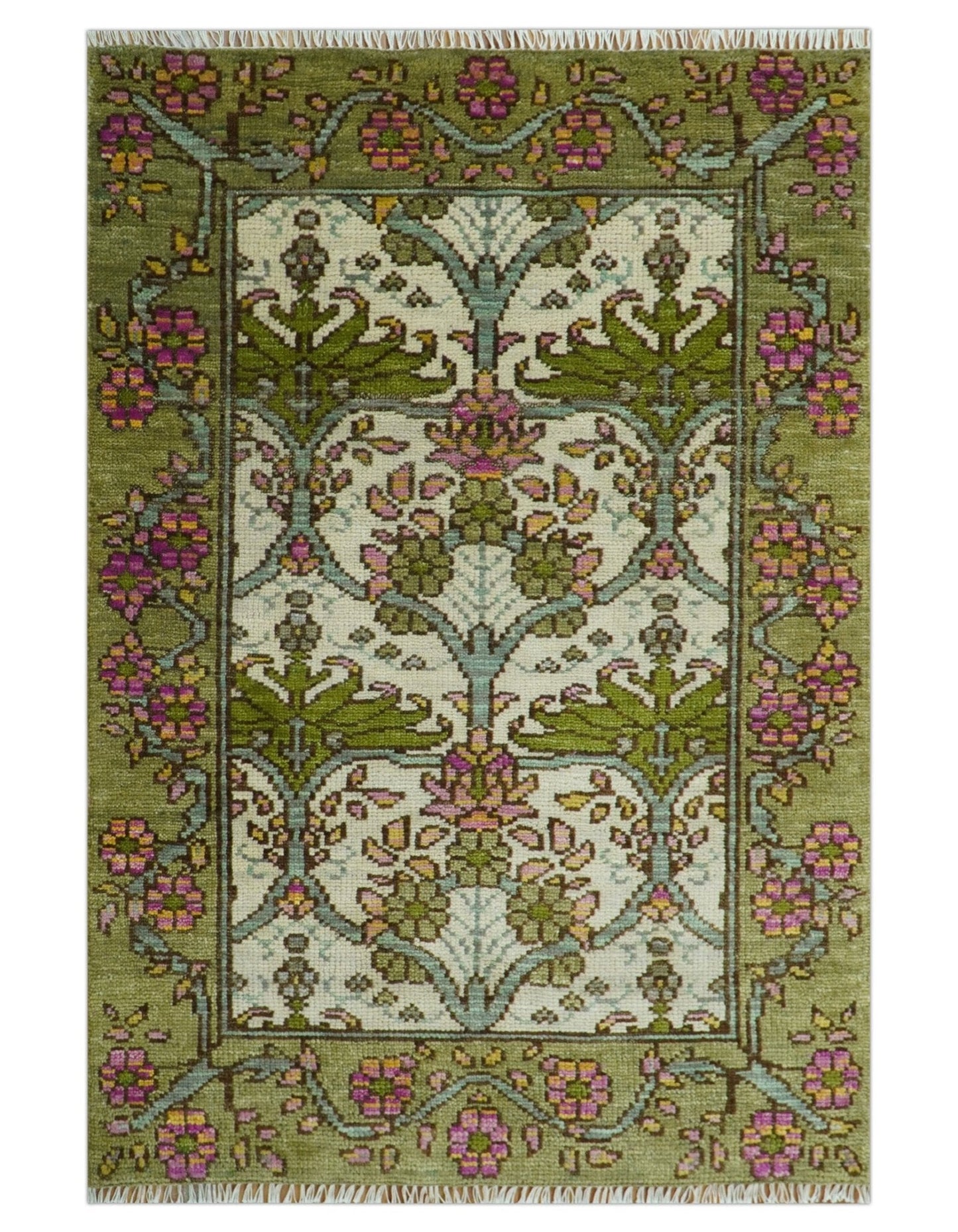 Custom Made Hand Knotted Ivory and Green Floral Traditional Antique Style Wool Area Rug