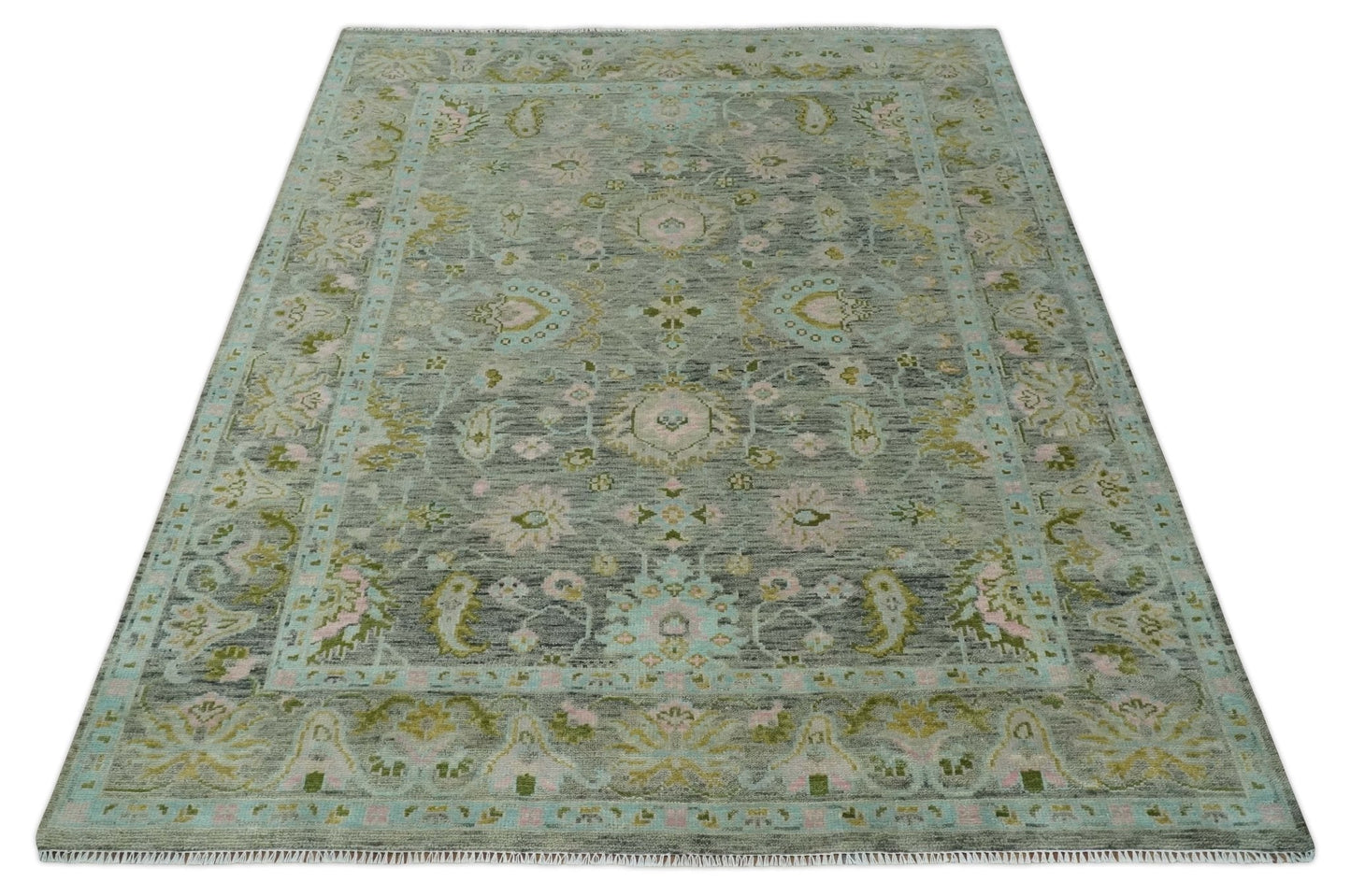 Custom Made Hand Knotted Moss Green Gray and Green Oriental Oushak Multi Size Traditional Wool Area Rug