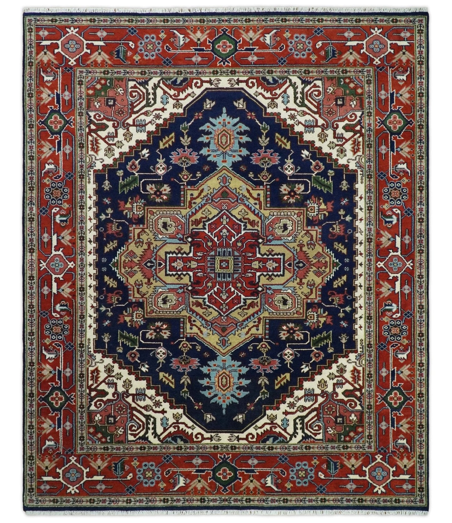 Custom Made Hand Knotted Multi Size Large Olive, Blue, Ivory and Rust Traditional Wool Rug