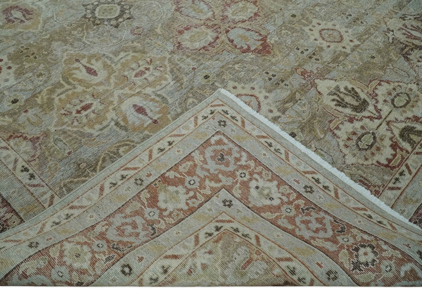 Custom Made Hand Knotted Olive and Rust Distressed Traditional Antique Look Wool Rug