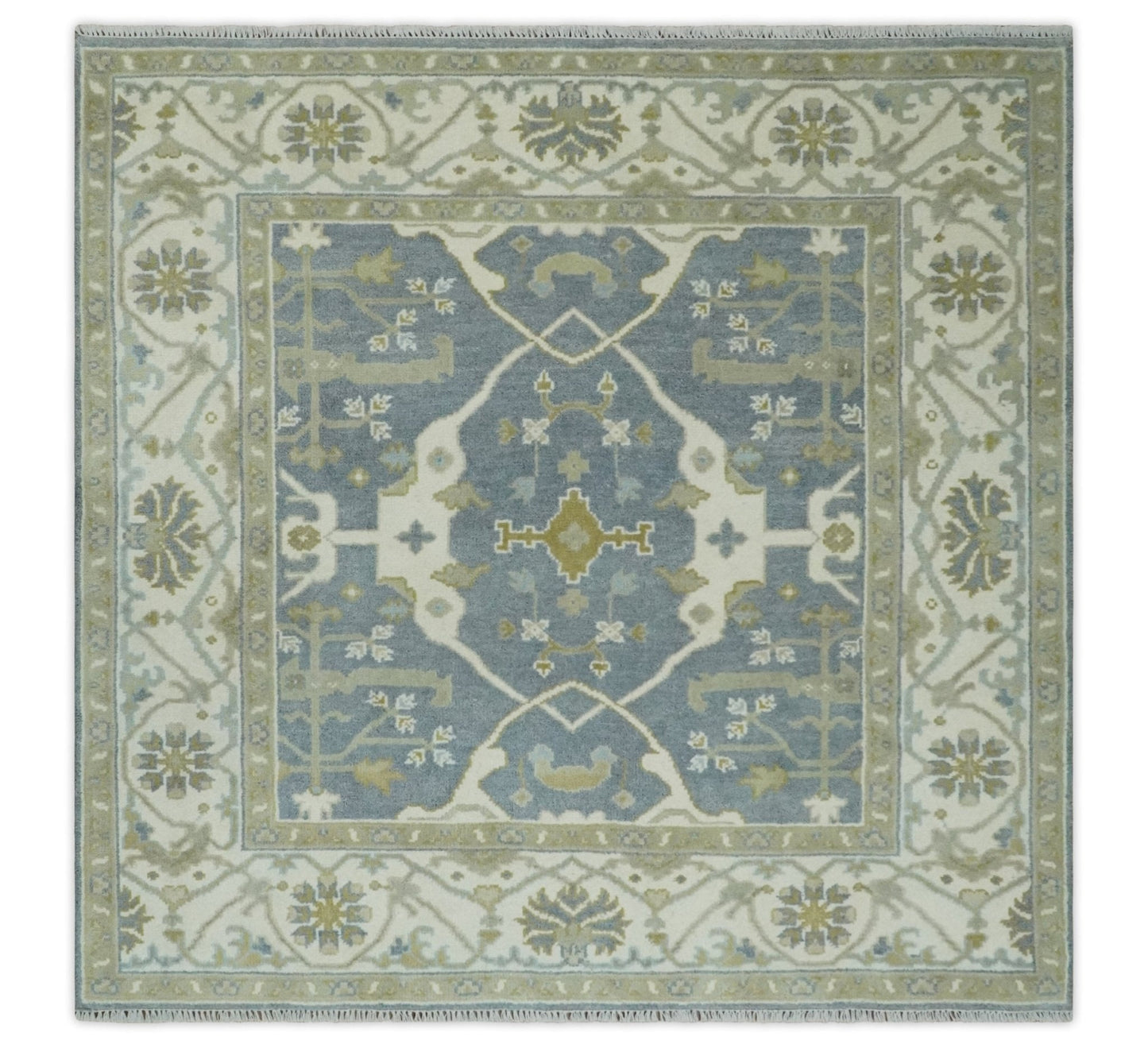 Custom Made Hand Knotted Oriental Oushak Ivory, Charcoal and Olive Wool Area Rug