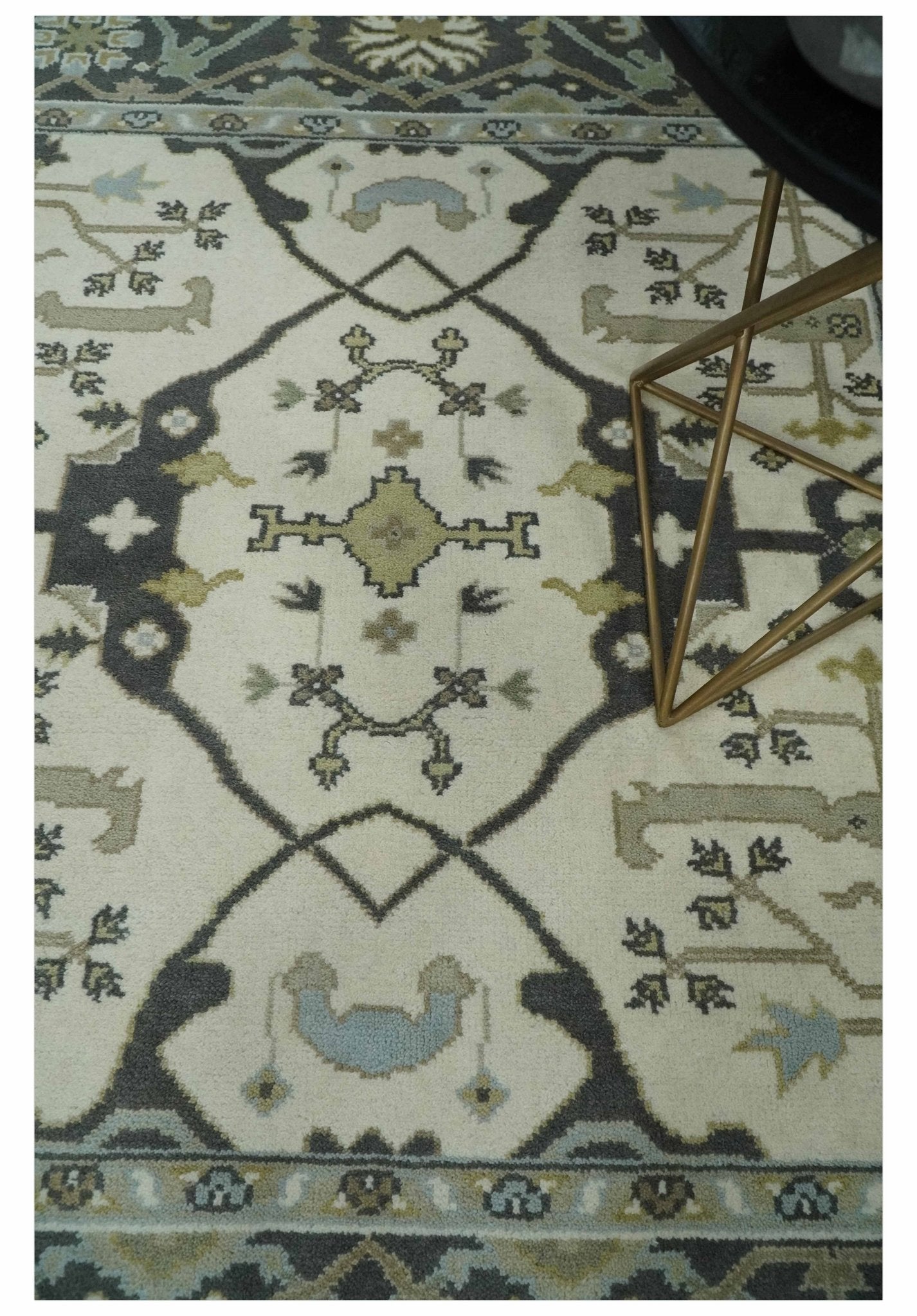 Custom made Hand Knotted Oriental Oushak Ivory, Charcoal and Olive Wool Area Rug