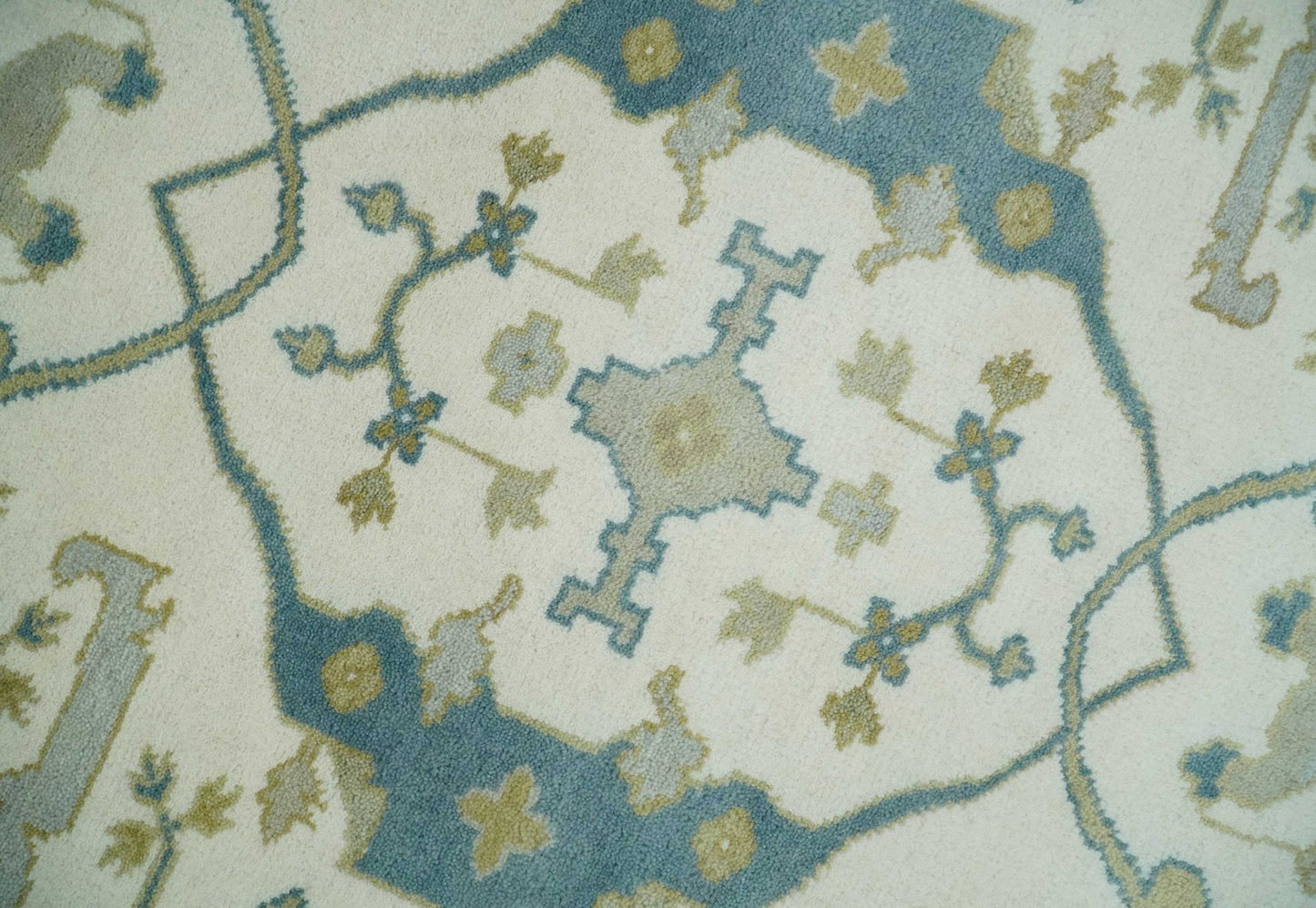Custom Made Hand Knotted Oriental Oushak Ivory, Teal and Beige Wool Area Rug