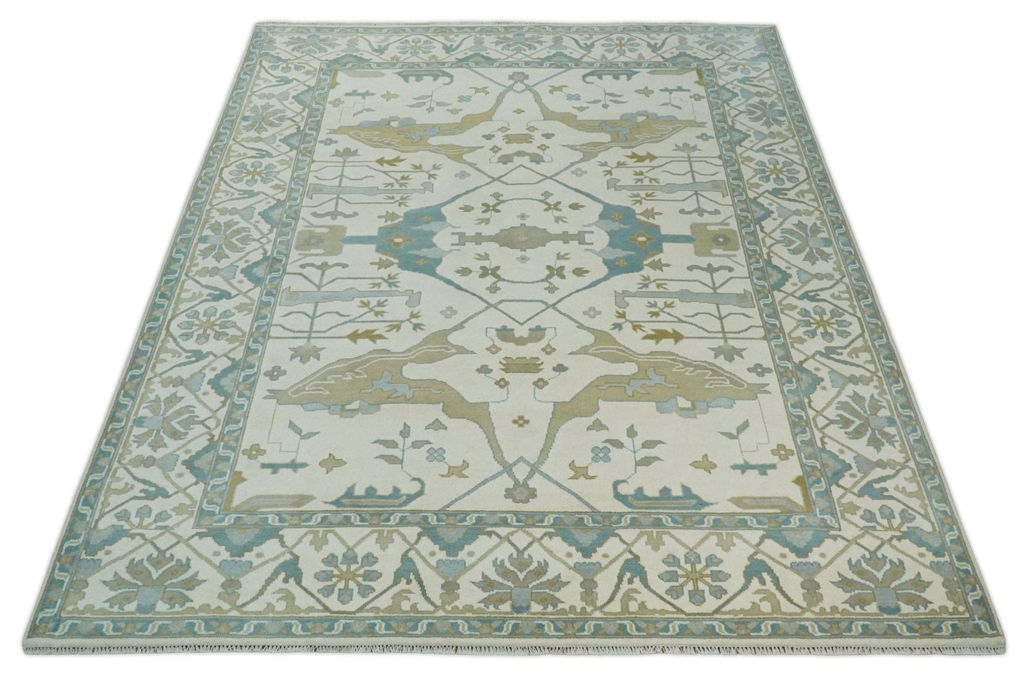 Custom Made Hand Knotted Oriental Oushak Ivory, Teal and Beige Wool Area Rug