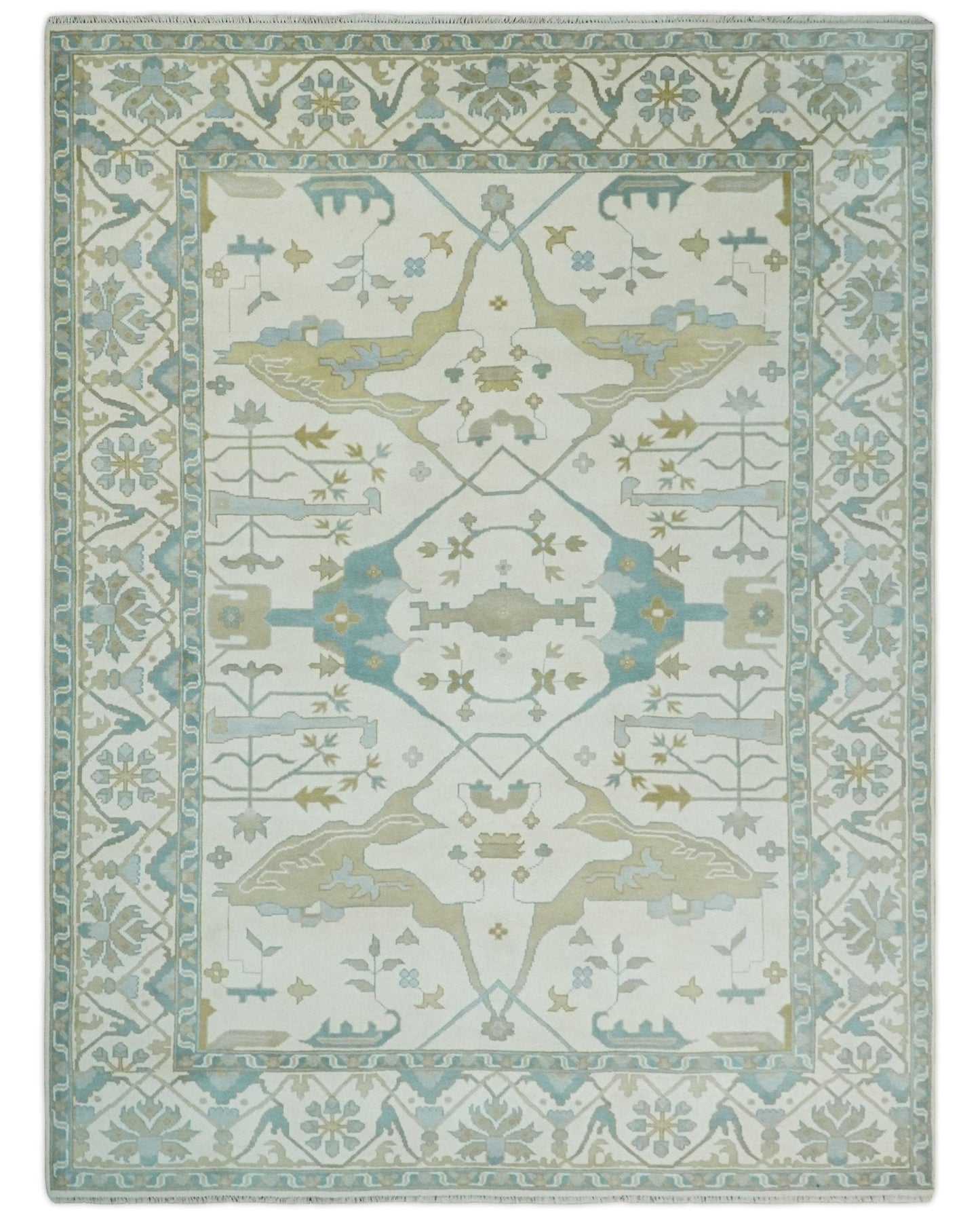 Custom Made Hand Knotted Oriental Oushak Ivory, Teal and Beige Wool Area Rug