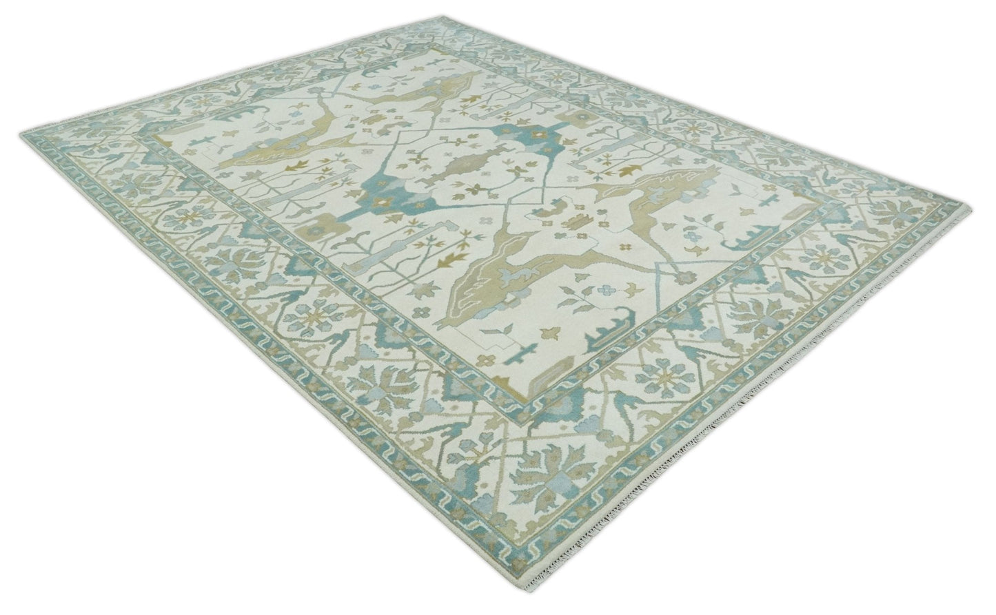 Custom Made Hand Knotted Oriental Oushak Ivory, Teal and Beige Wool Area Rug