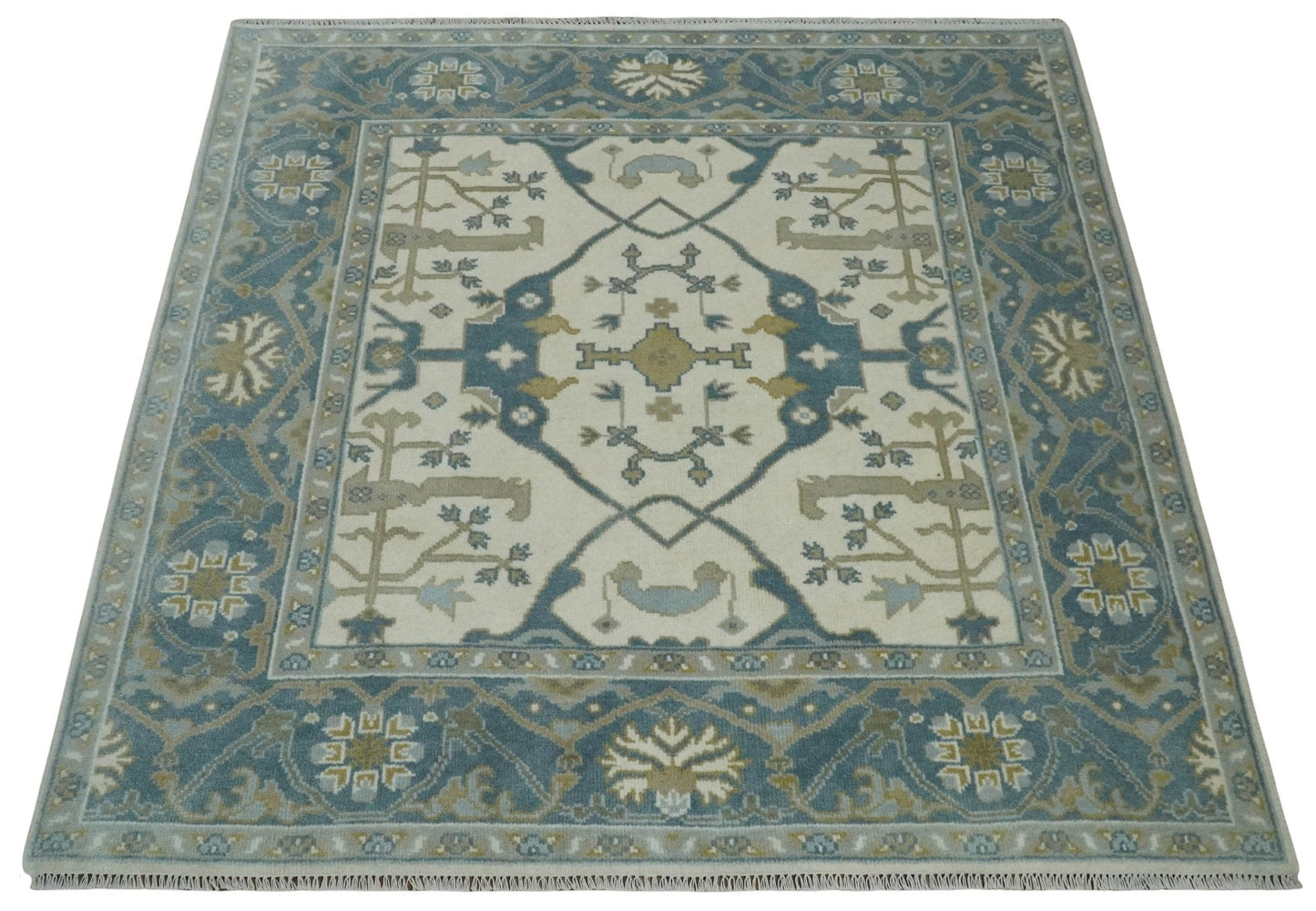 Custom Made Hand Knotted Oriental Oushak Ivory, Teal and Beige Wool Area Rug