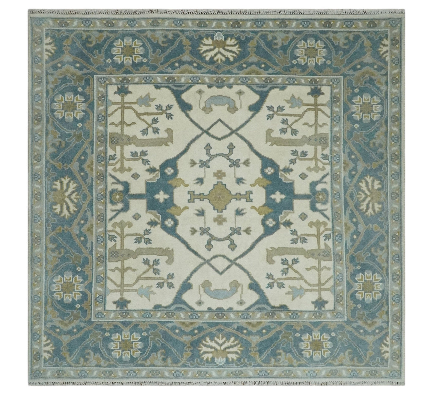 Custom Made Hand Knotted Oriental Oushak Ivory, Teal and Beige Wool Area Rug