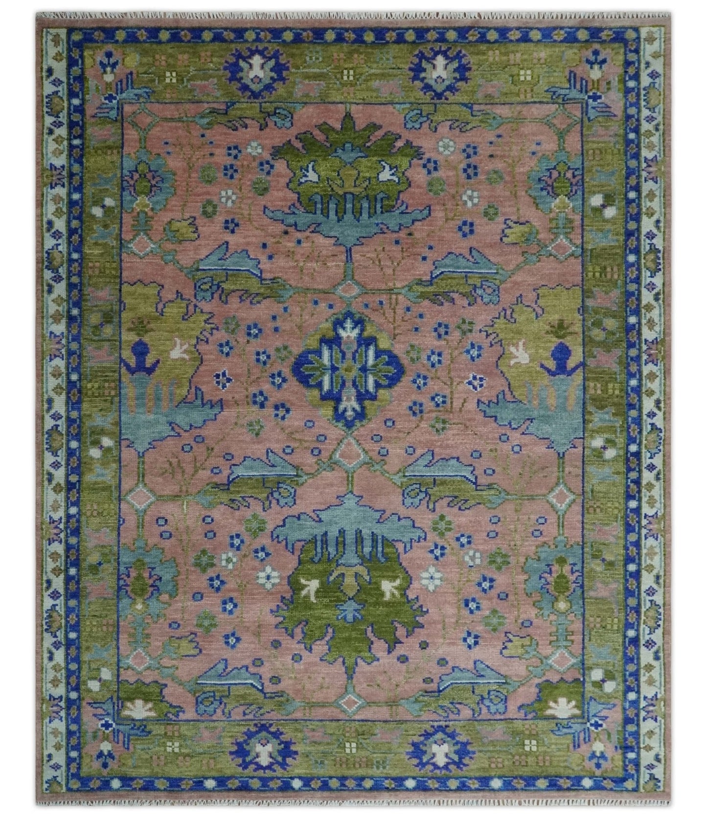 Custom Made Hand knotted Peach, Green and Blue Antique Design Area Rug