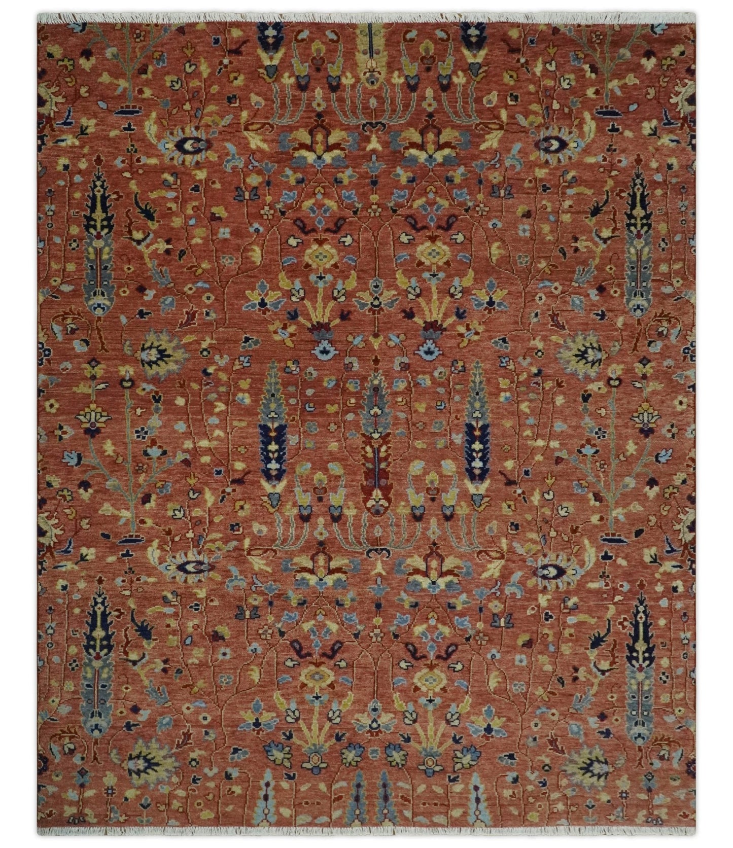 custom Made Hand Knotted Rust and Beige Traditional Turkish Knot Oushak Wool Rug