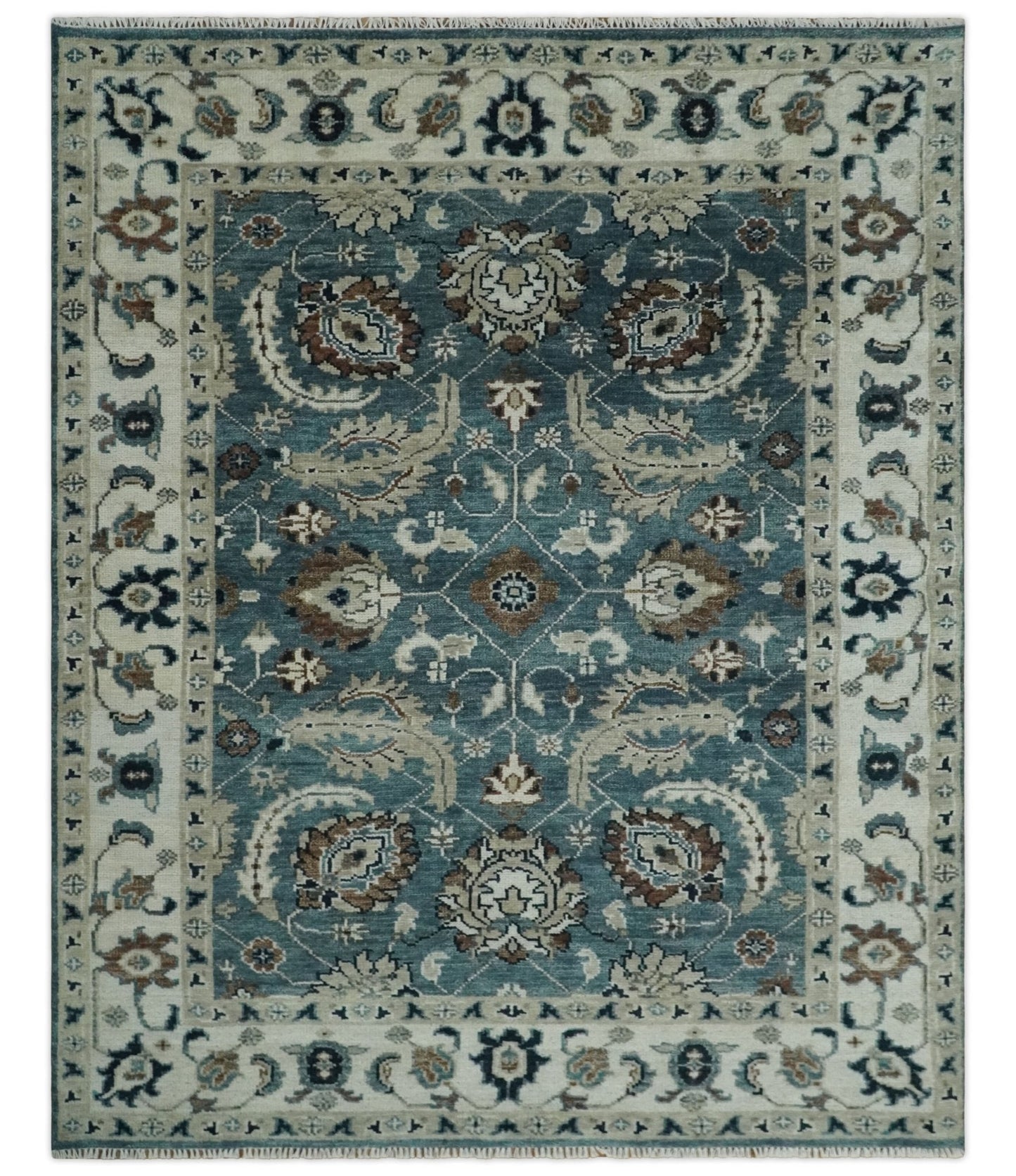 Custom Made Hand Knotted Teal and Ivory Traditional Antique Style Wool Area Rug