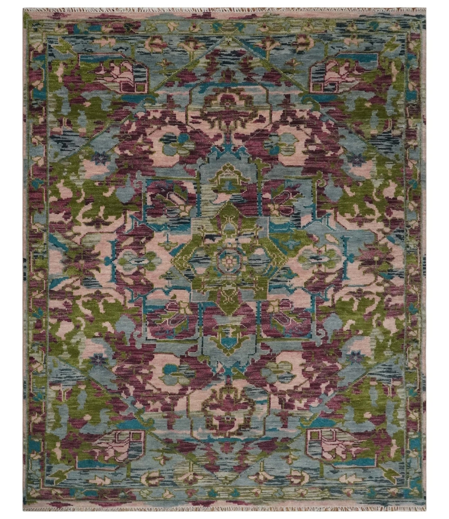 Custom Made Hand Knotted Transitional Green, Pink and Purple wool Area Rug