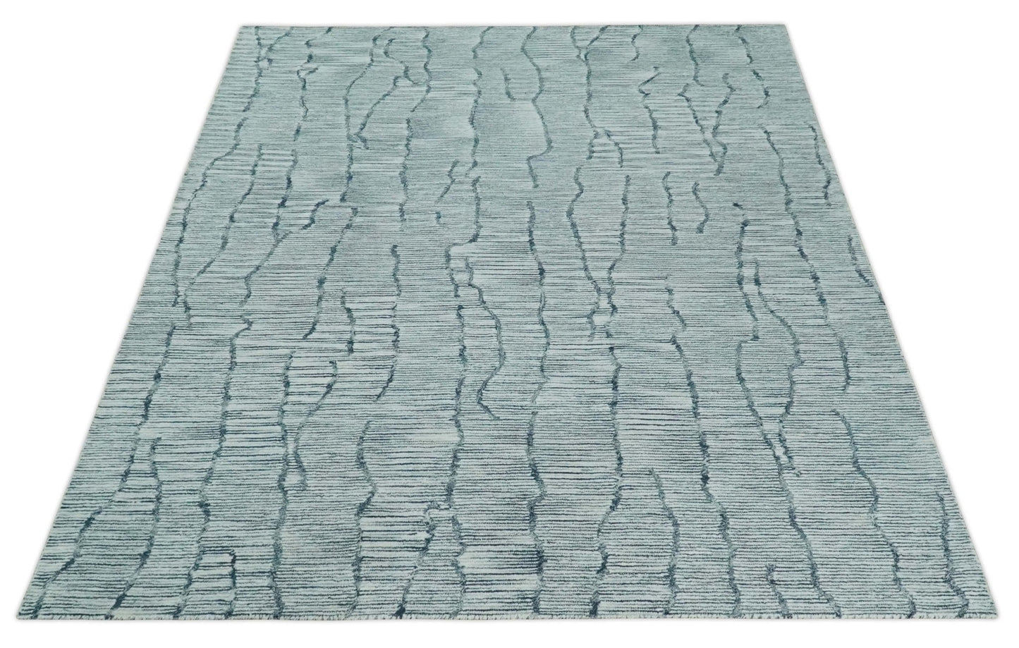 Custom Made Hand Tufted Multi Size Woolen Modern Ivory and Blue Area Rug