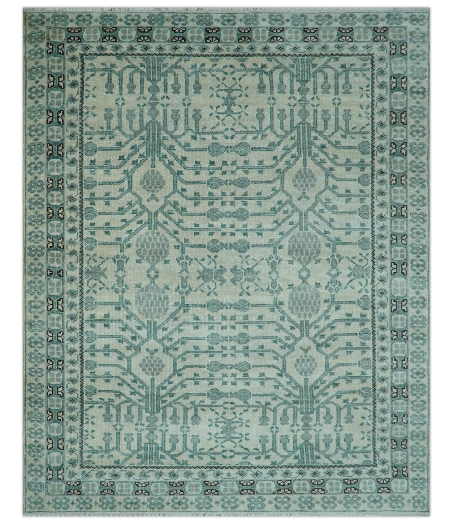 Custom Made Ivory And Gray Turkish Khotan Design Hand Knotted Wool Rug