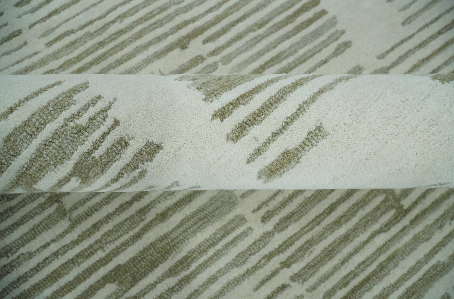 Custom Made Ivory and Olive Modern Stripes Design Hand Tufted wool Area Rug, Kids, Living Room and Bedroom Rug