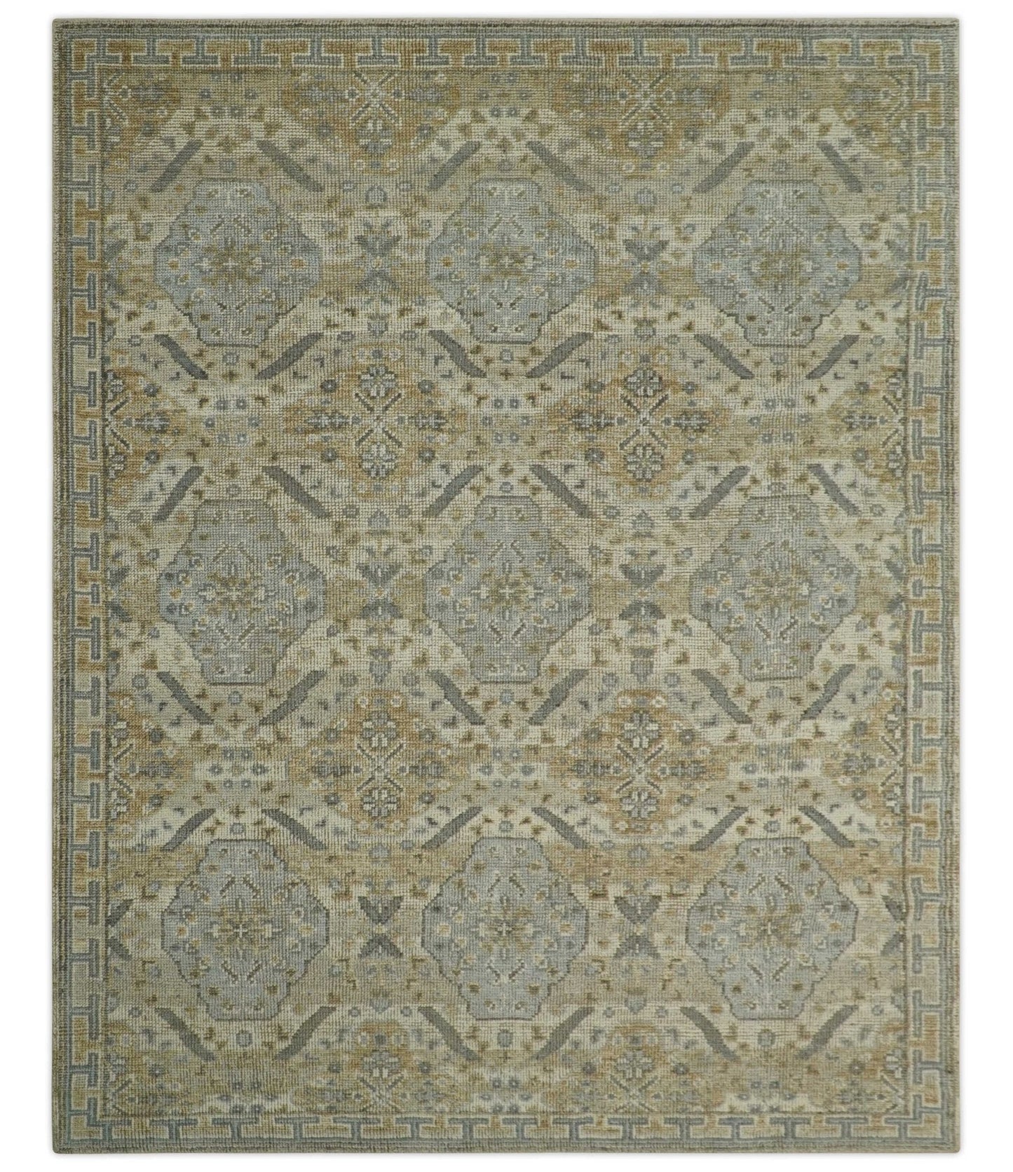 Custom Made Ivory, Brown and Blue Traditional Hand Knotted Wool Area Rug