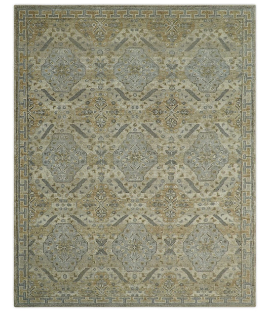 Custom Made Ivory, Brown and Blue Traditional Hand Knotted Wool Area Rug