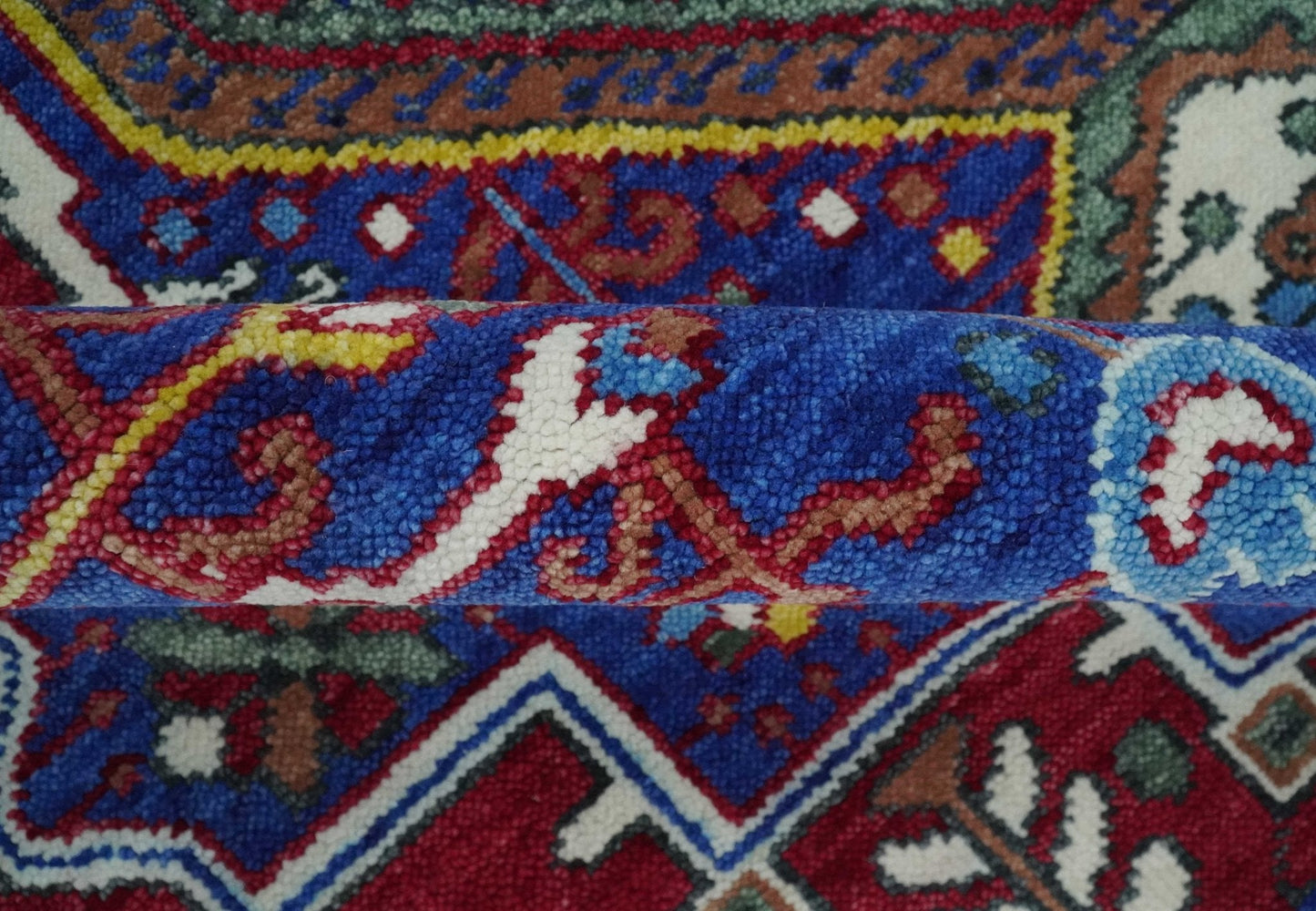 Custom Made Maroon, Blue and ivory Hand Knotted Traditional Wool Rug