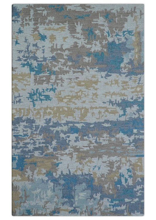 Custom Made Modern Abstract Blue And Beige Hand Tufted Wool Area Rug
