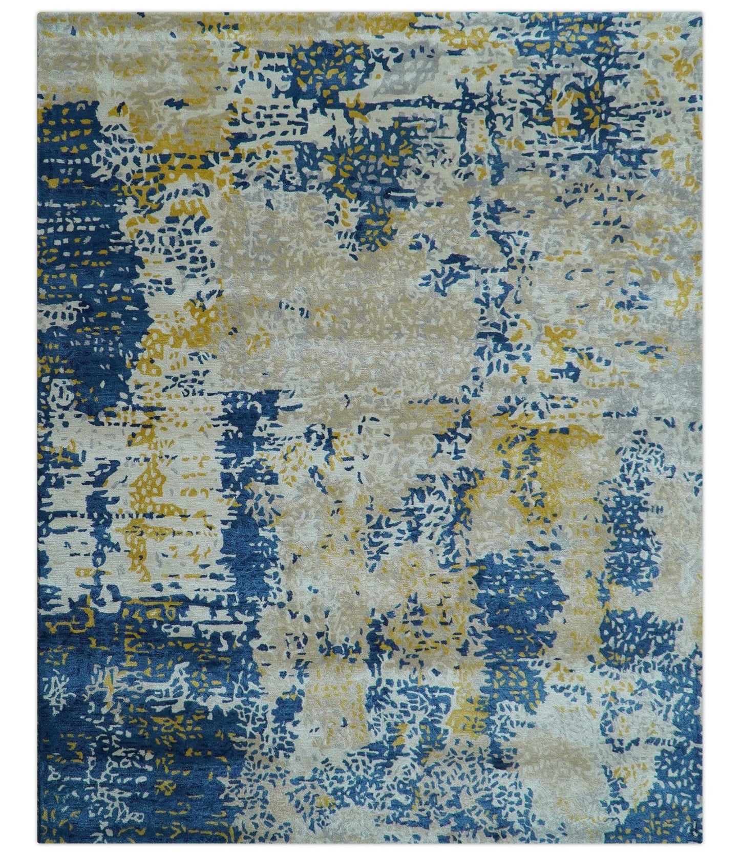 Custom Made Modern Abstract Blue And Beige Hand Tufted Wool-Art Silk Rug