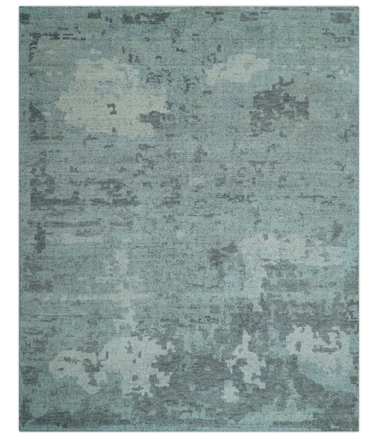 Custom Made Modern Abstract Design Blue And Gray Hand Knotted Wool Area Rug