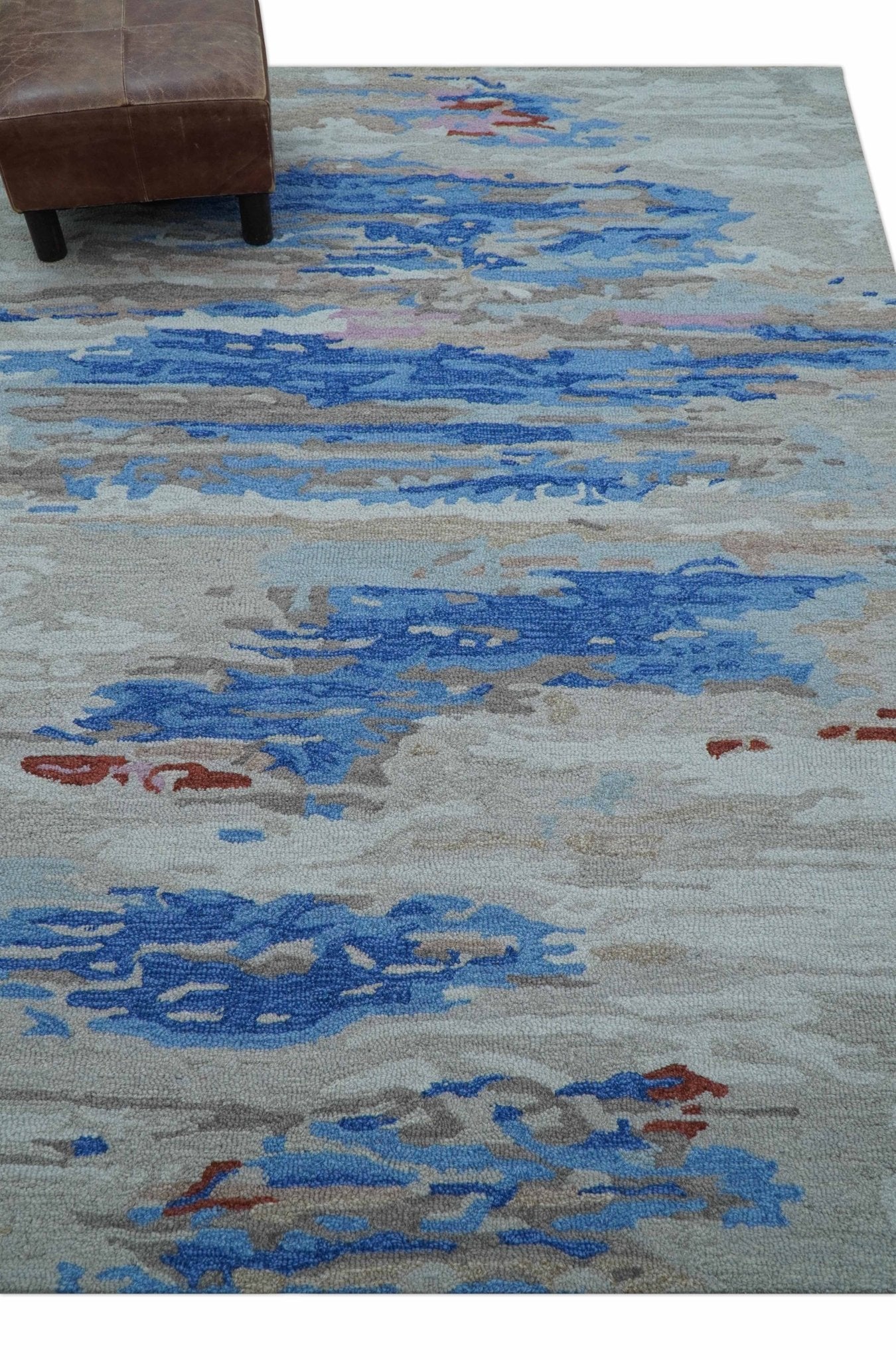 Custom Made Modern Abstract Silver And Blue Hand Tufted Wool  Rug