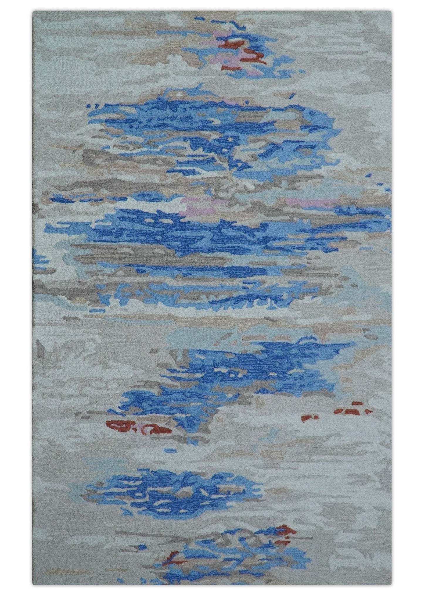 Custom Made Modern Abstract Silver And Blue Hand Tufted Wool  Rug
