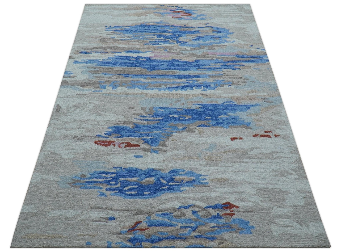 Custom Made Modern Abstract Silver And Blue Hand Tufted Wool  Rug