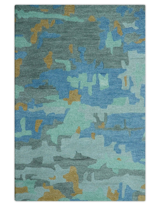 Custom Made Modern Blue Abstract Design Hand Tufted Wool And Viscose Area Rug