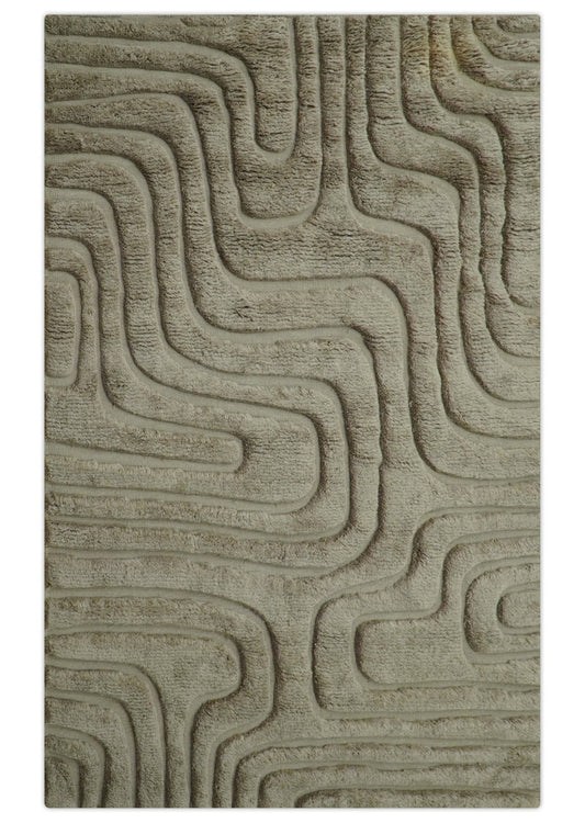 Custom Made Modern Contemporary Beige And Gray Hand Knotted Wool Rug