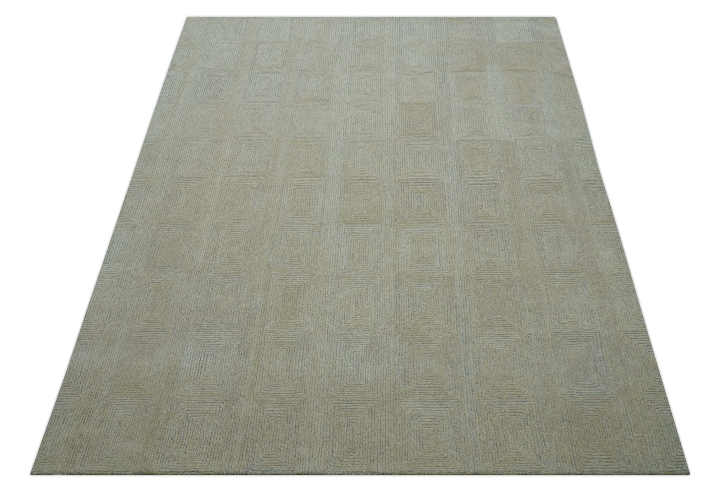 Custom Made Modern Geometrical Beige and Silver Hand Tufted Natural Wool Area Rug