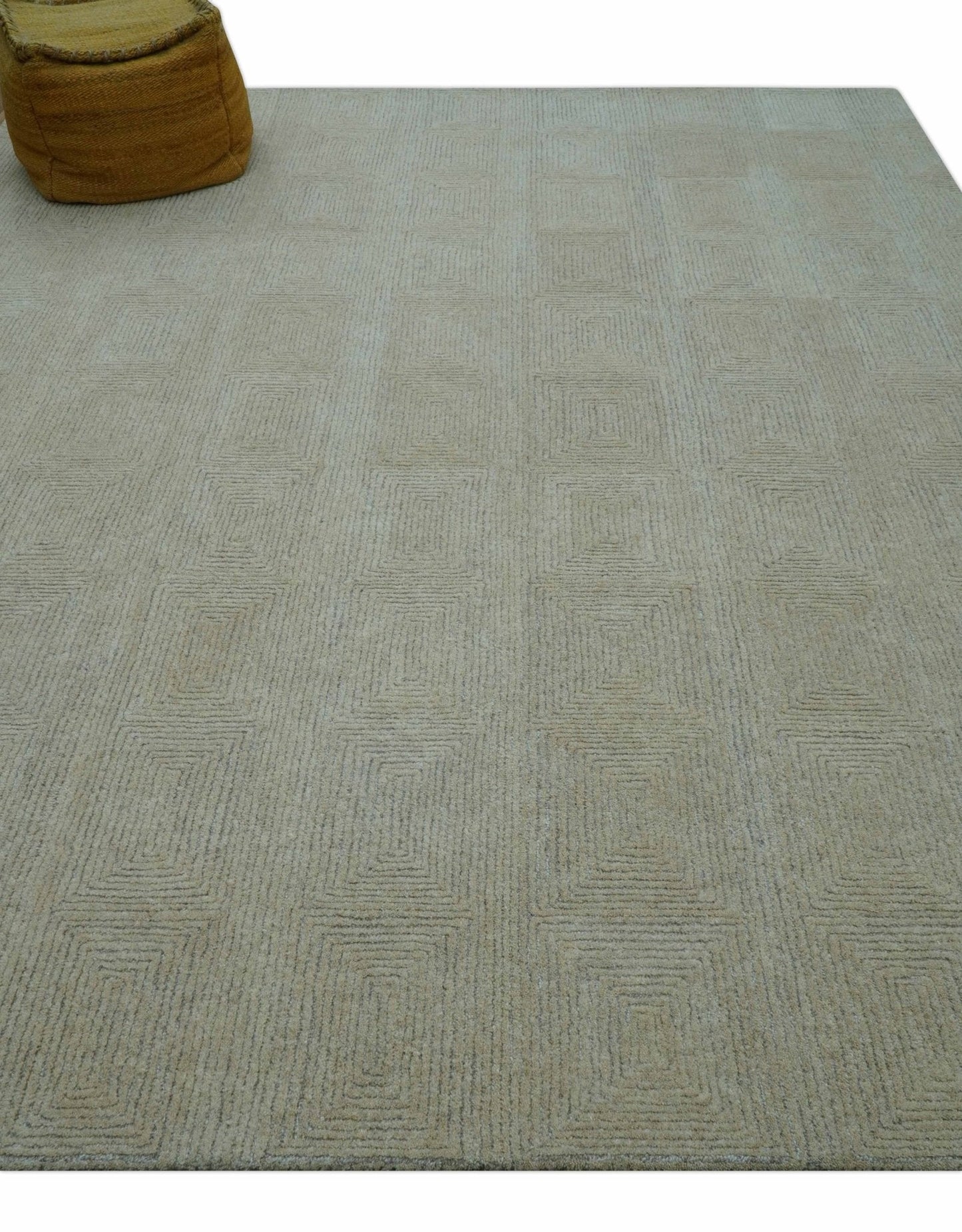 Custom Made Modern Geometrical Beige and Silver Hand Tufted Natural Wool Area Rug