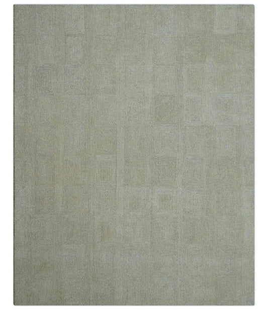 Custom Made Modern Geometrical Beige and Silver Hand Tufted Natural Wool Area Rug