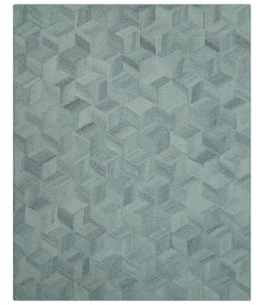 Custom Made Modern Geometrical Gray Hand Tufted Natural Wool Area Rug