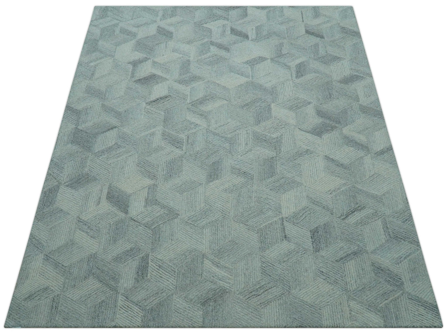 Custom Made Modern Geometrical Gray Hand Tufted Natural Wool Area Rug