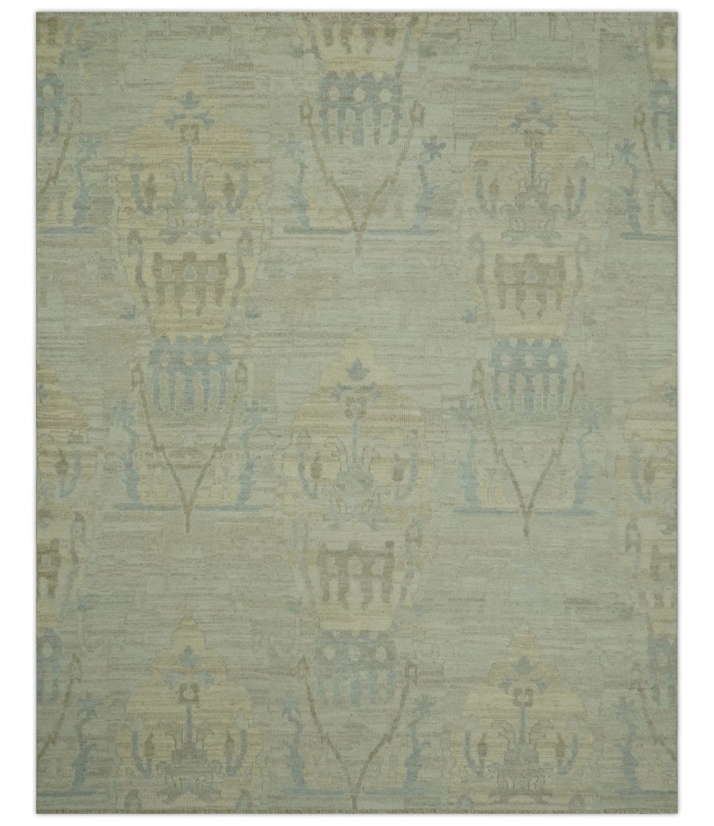 Custom Made Modern Ikat Design Beige And Blue Hand Knotted Wool Area Rug