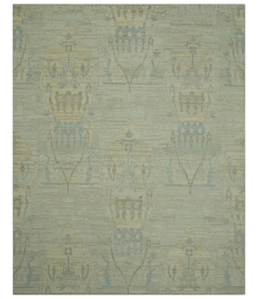 Custom Made Modern Ikat Design Beige And Blue Hand Knotted Wool Area Rug