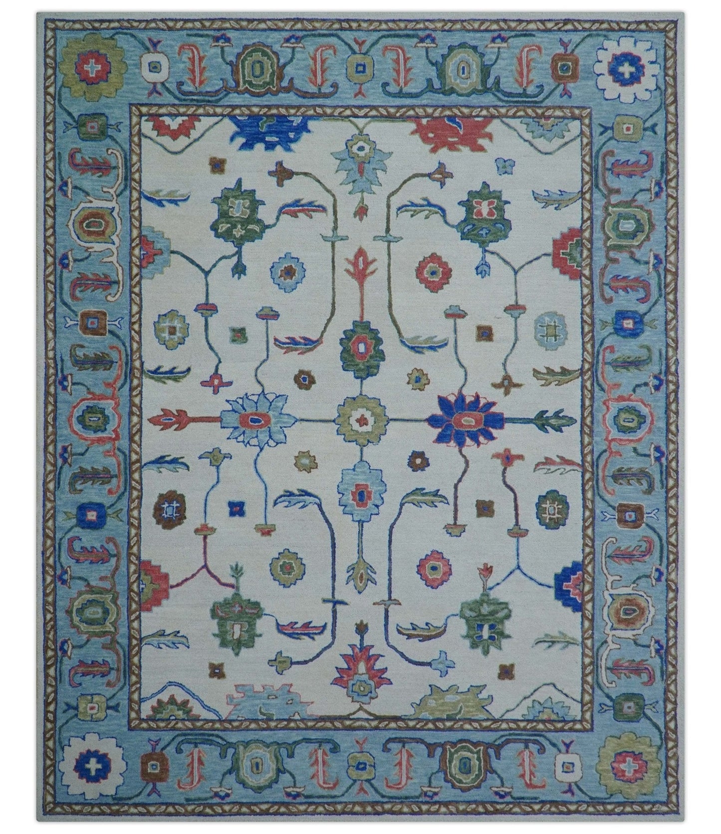 Custom Made Modern Oushak Ivory And Blue Hand Tufted Wool Area Rug