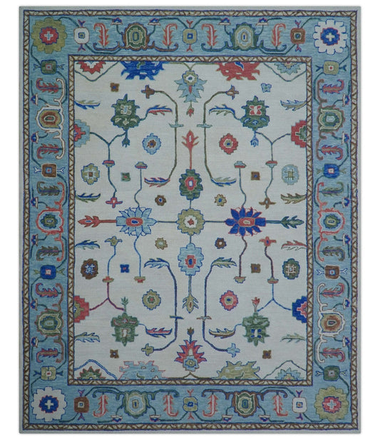 Custom Made Modern Oushak Ivory And Blue Hand Tufted Wool Area Rug
