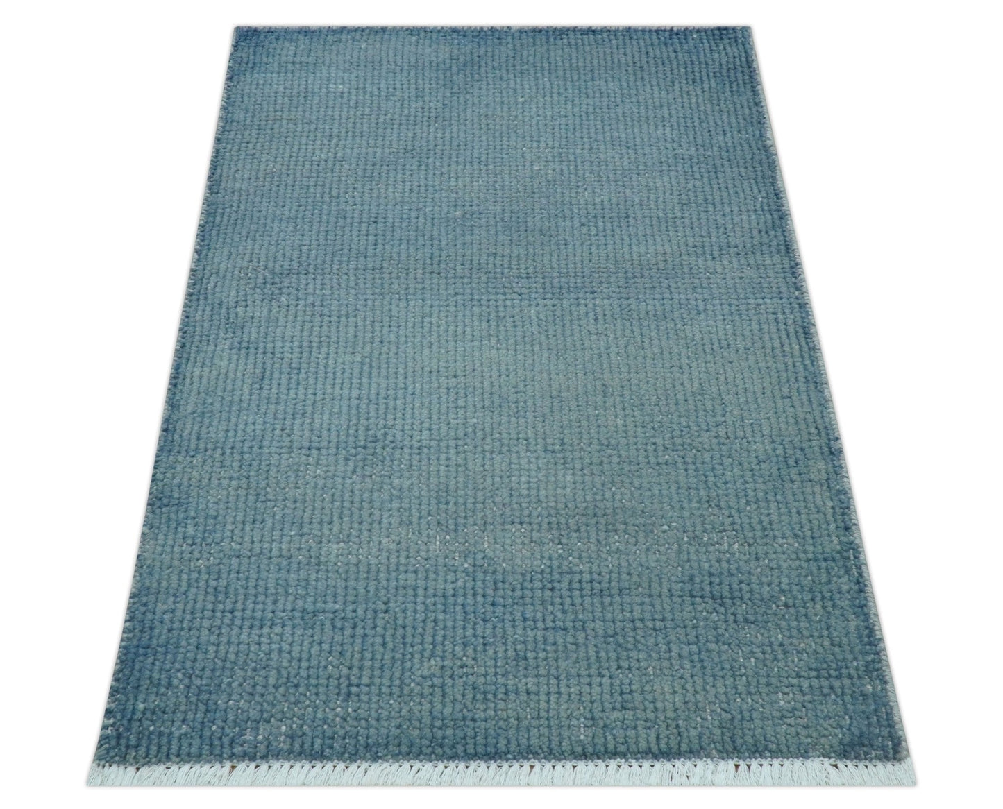 Custom Made Modern Solid Overdyed Light Blue Hand Knotted Wool Area Rug
