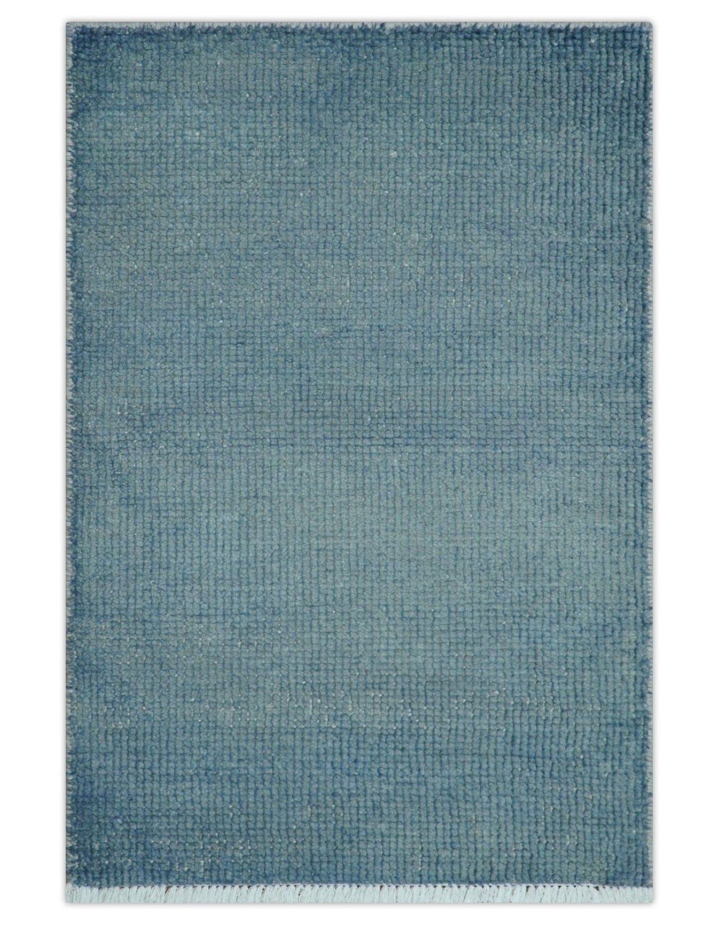 Custom Made Modern Solid Overdyed Light Blue Hand Knotted Wool Area Rug