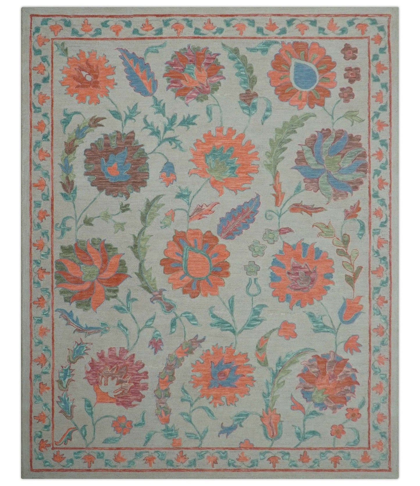 Custom Made Oriental Uzbek Design Floral Beige Hand Tufted Wool Area Rug