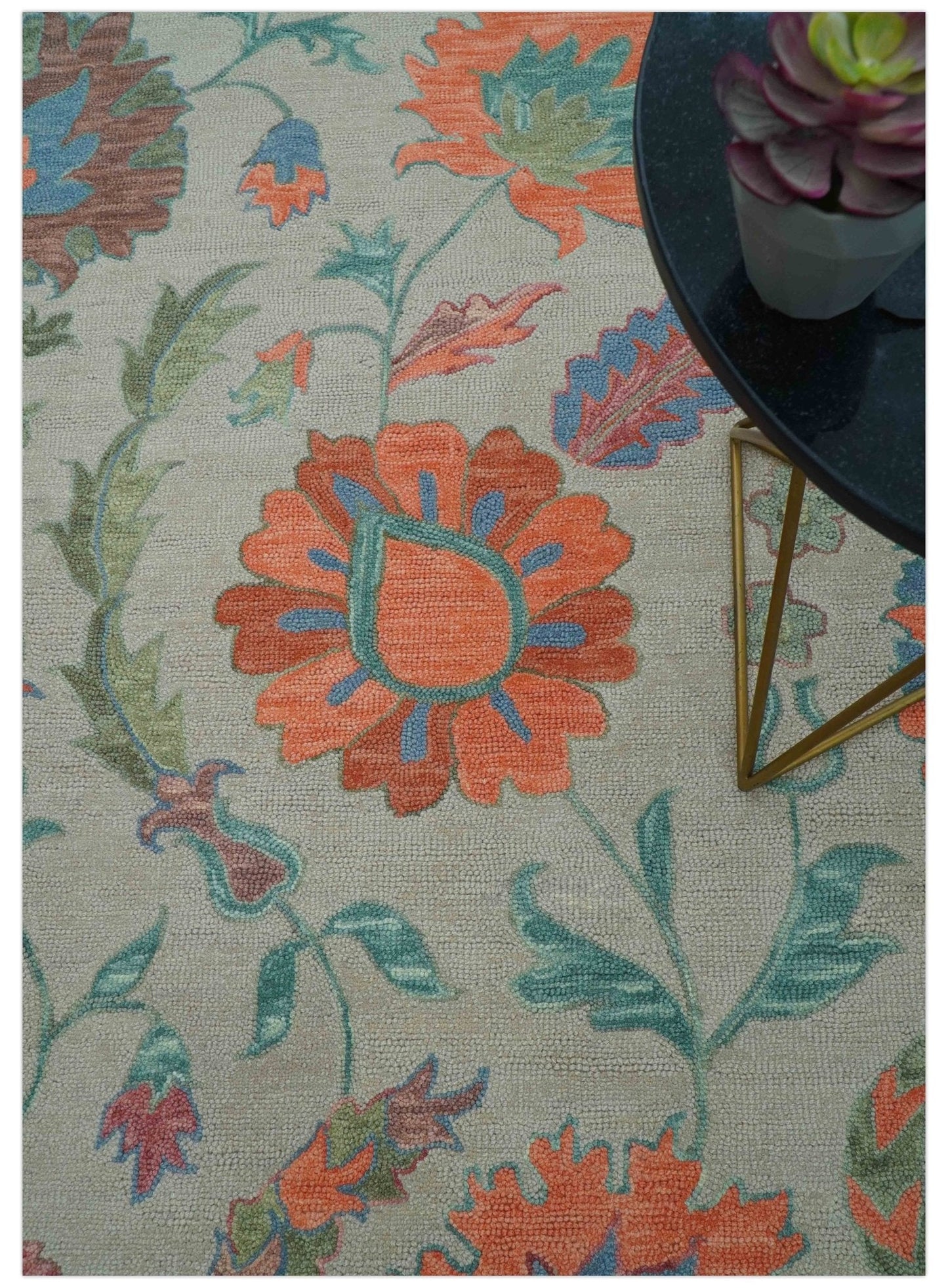 Custom Made Oriental Uzbek Design Floral Beige Hand Tufted Wool Area Rug